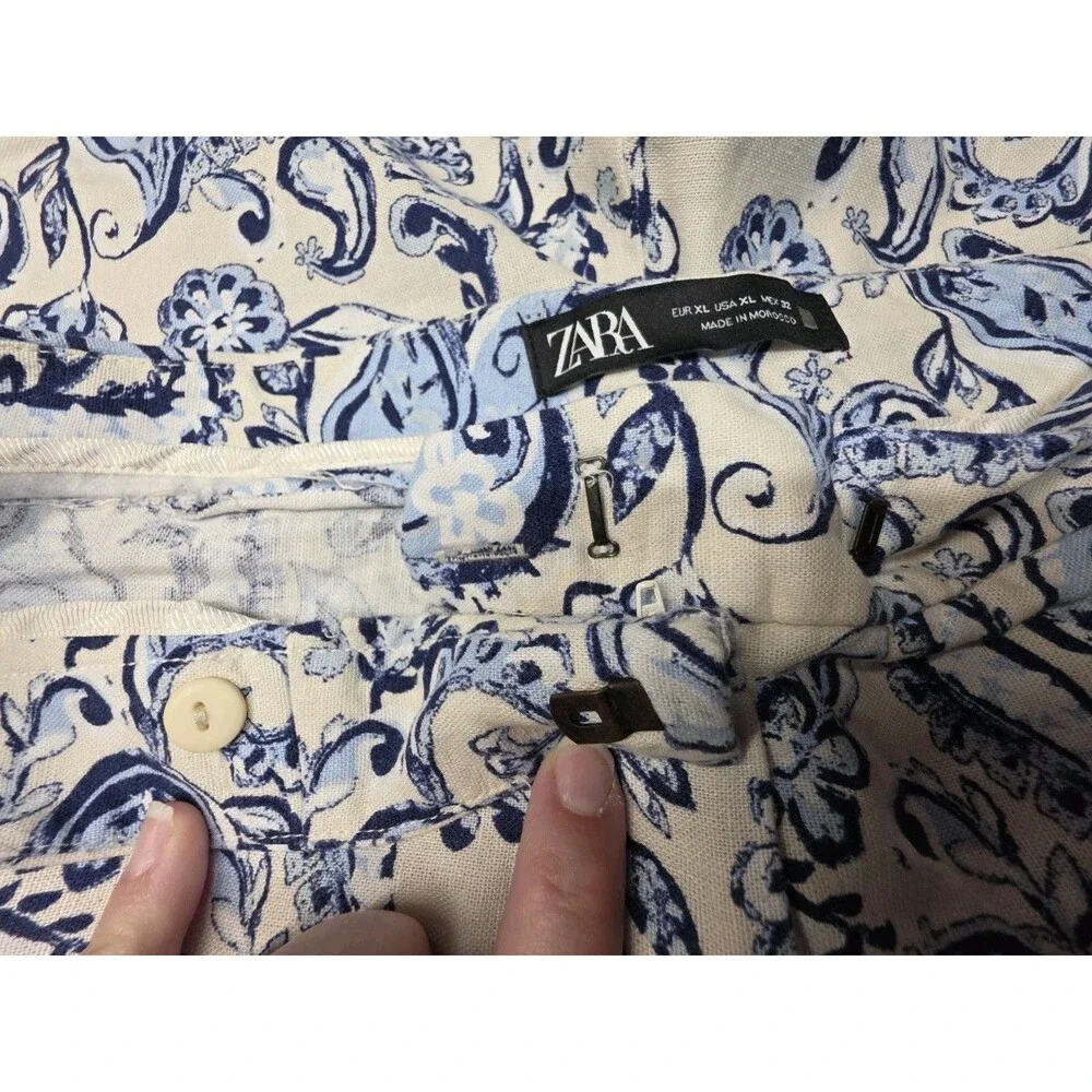 Zara Wide Leg Linen Pants Paisley Blue And White Size XL